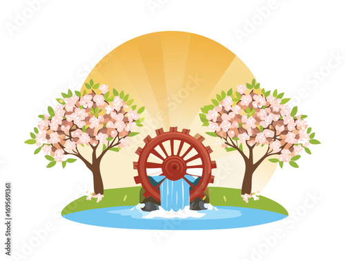 Majestic and colorful sunrise scene with a rustic wooden water mill and beautiful cherry blossoms creating a magical atmosphere - Vector Illustration