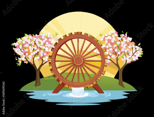 A traditional wooden water wheel in a peaceful meadow with cherry blossoms and a calm stream under a rising moon - Vector Illustration