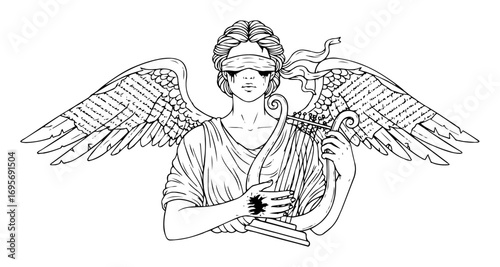 winged goddess with sword line art vector