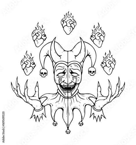 demonic jester head with flaming hearts line art vector