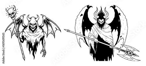demonic wraith reaper warriors with wings line art vector