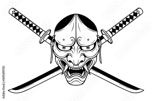 vector oni mask with crossed katana swords emblem