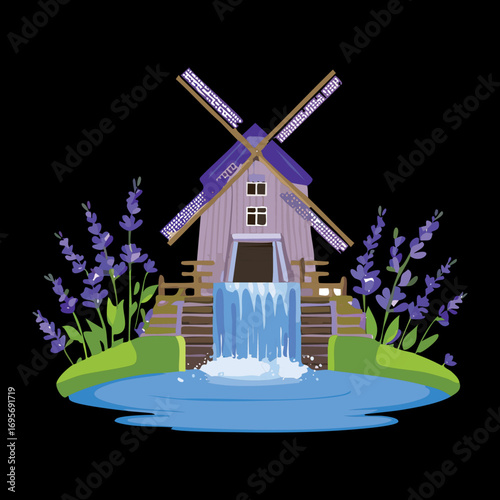 Detailed Windmill House with Lavender Bushes and a Night Sky, Whimsical and Mysterious