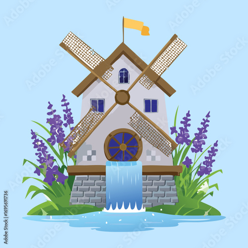 Wisteria Archway Surrounds a Water Wheel with Cascading Water, Enchanting Garden Element
