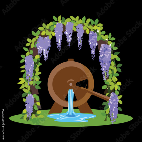 Wisteria Laden Arch with a Wooden Water Feature and Flowing Water in a Rustic Setting