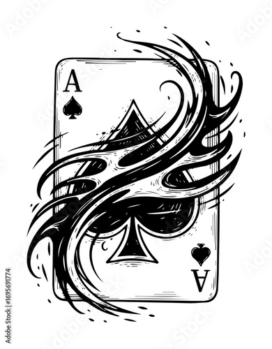 flaming ace of spades playing card tattoo vector illustration