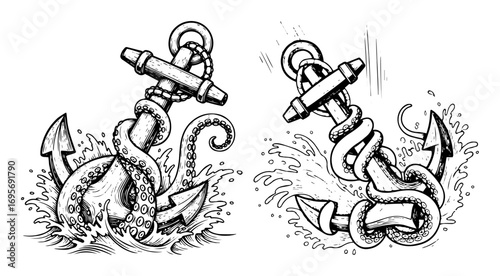 octopus tentacle wrapped anchor tattoo vector illustration