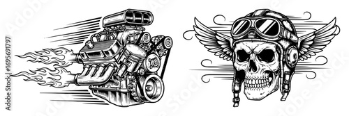 vector flaming v8 engine and aviator skull icons