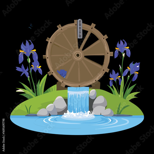 Dark Background Enhances a Water Wheel with Purple Irises and Water Flowing into a Pool