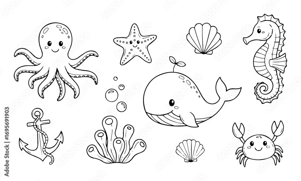 Naklejka premium cute sea animals and nautical elements doodle line art vector