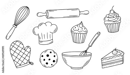 vector doodle baking tools and dessert icon set