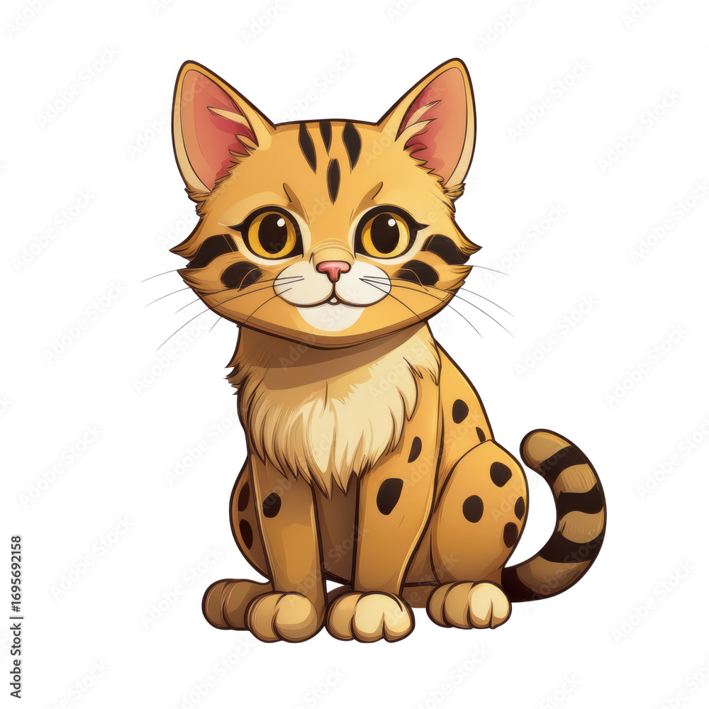 Obraz premium Cute cartoon illustration of Cheetoh cat with soft shading, showcasing its playful expression and distinctive spots. This charming character captures essence of feline joy and curiosity