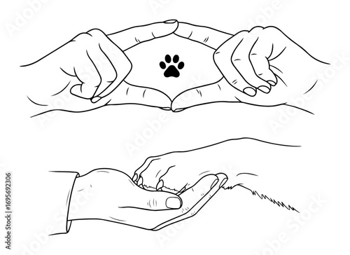 pet care concept dog paw in human hand icon set