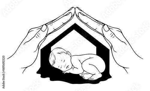 hands protecting sleeping baby shelter and love concept