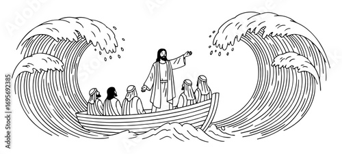 jesus calms the storm biblical miracle at sea vector