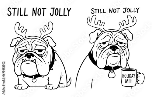 grumpy bulldog with reindeer antlers still not jolly vector