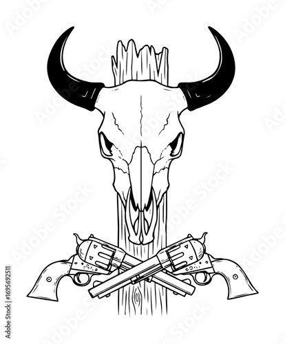 steer skull with crossed revolvers wild west emblem vector