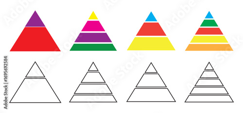 Triangular pyramid infographic vector icon set. Blue pyramid infographic templates collection. Triangle hierarchy data segments collection. Triangular pyramid infographic vector icon set. pyramid info