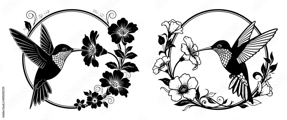 Naklejka premium hummingbird with flowers in circle frame vector set