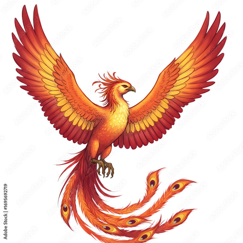 Fototapeta premium Majestic Phoenix in Flight Mythological Bird Illustration isolated on transparent background