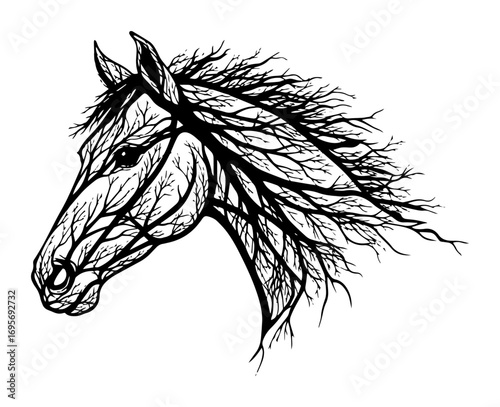 horse head with tree branches double exposure drawing