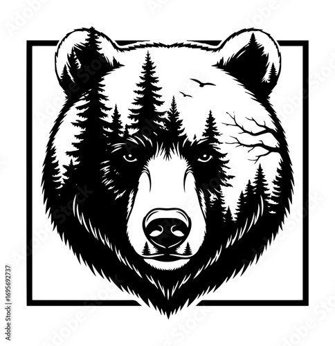 double exposure bear with forest pine trees inside