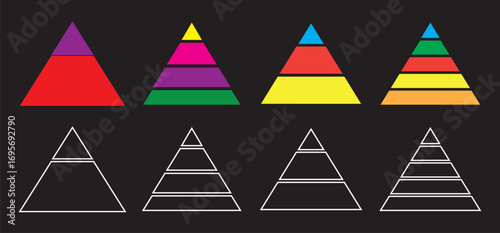 Triangular pyramid infographic vector icon set. Blue pyramid infographic templates collection. Triangle hierarchy data segments collection. Triangular pyramid infographic vector icon set. pyramid info