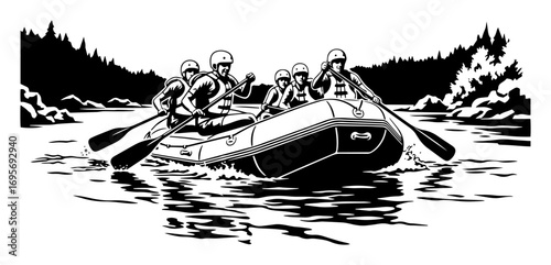 team river rafting adventure vector illustration