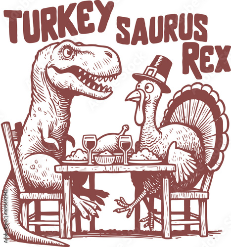 Turkeysaurus Rex – Funny Thanksgiving Illustration Featuring a T-Rex and a Turkey Sharing Dinner Together, Hilarious Holiday Design for Autumn Apparel and Gifts