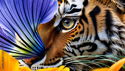 Wallpaper Mural A tiger peering through colorful petals and flowers, a harmonious blend of wildlife and nature's beauty. The tiger's piercing gaze adds a touch of majesty, while the flowers provide a vibrant frame. Torontodigital.ca