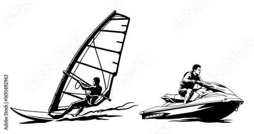 water sports windsurfing and jet ski set