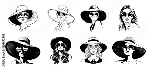 Set of Fashionable Women in Sun Hats and Sunglasses. Hand Drawn Vector Portraits.