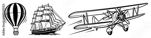 vector vintage transport icons hot air balloon sailing ship biplane