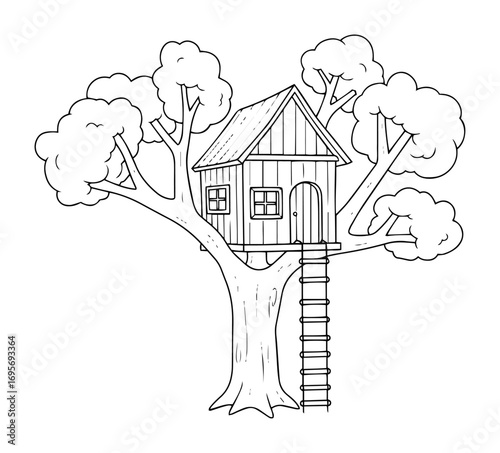 vector treehouse with ladder simple outline illustration