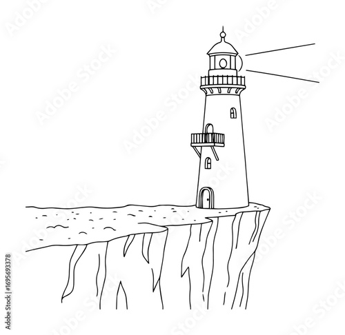 vector lighthouse on cliff with light beam outline illustration