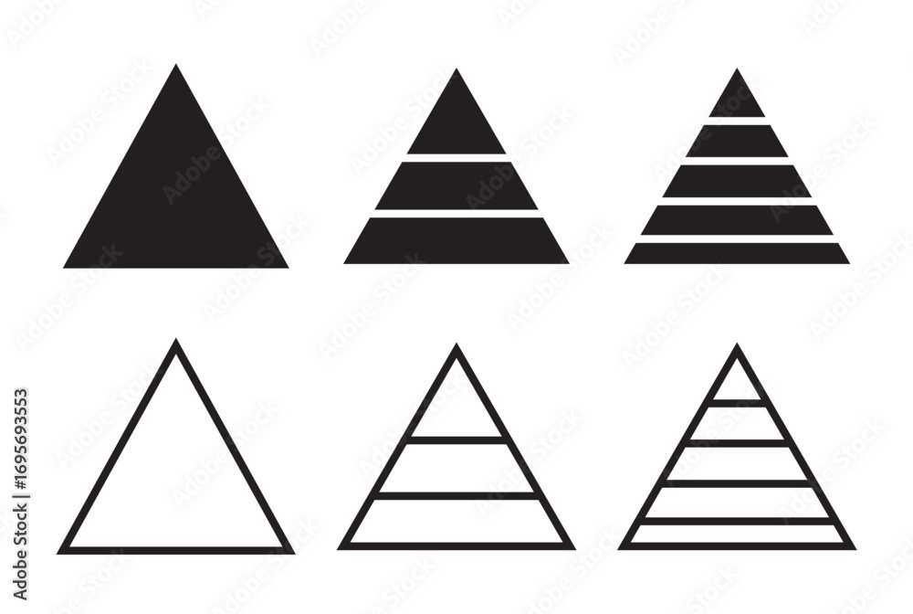 Obraz premium Triangular pyramid infographic vector icon set. Blue pyramid infographic templates collection. Triangle hierarchy data segments collection. Triangular pyramid infographic vector icon set. pyramid info