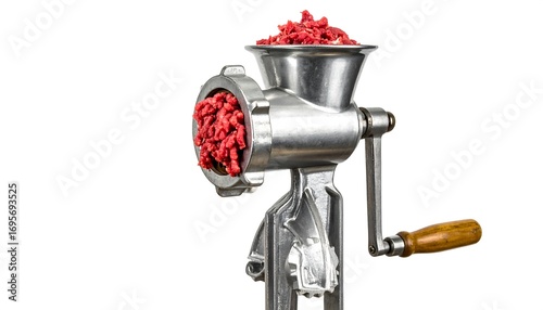 Vintage meat grinder loaded with fresh raw beef on an isolated background