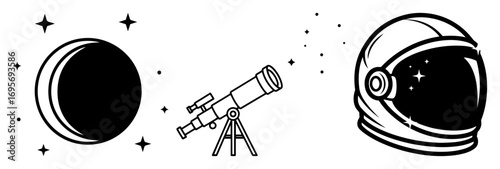 space exploration icons telescope moon and helmet vector