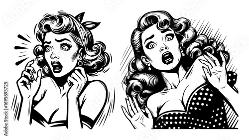 vector retro pop art woman shocked face set
