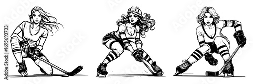 vector female ice hockey athlete action poses