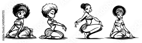 vector tribal dancer kneeling cartoon woman set