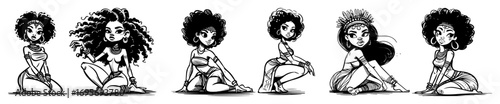 vector afro girl sitting cartoon pose set