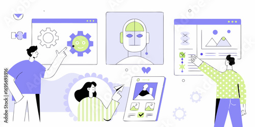 People interacting with digital interfaces and artificial intelligence concepts in a modern flat design style