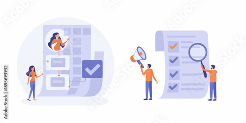 Team members collaborate on project planning and task management with checklists and flowcharts