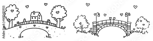 cute doodle landscape with bridge over river illustration