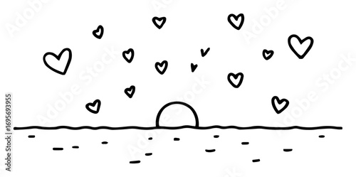 romantic sunset doodle with hearts over the sea