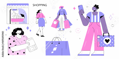 Diverse group of people enjoying shopping with bags and a smartphone in a modern flat illustration style