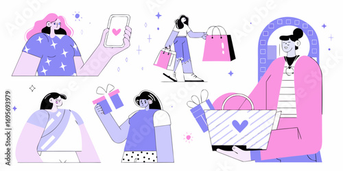 Diverse women enjoying shopping and receiving gifts with a modern flat illustration style