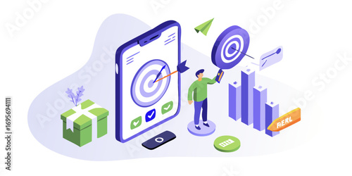 Man achieving business goals by hitting targets with arrow on smartphone and charts data analysis