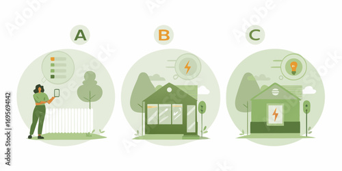 Three illustrative panels showing smart home technology and energy management concepts with a person and houses